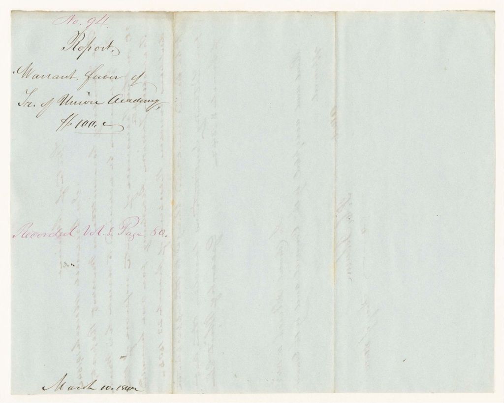 Miniature of Report 94: Report - Warrant in Favor of the Treasurer of Union Academy