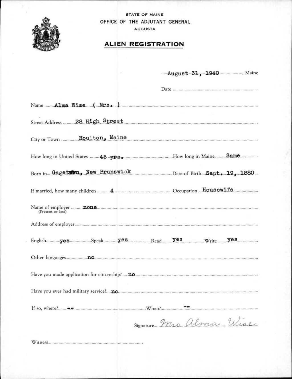 Miniature of Alien Registration- Wise, Alma (Houlton, Aroostook County)