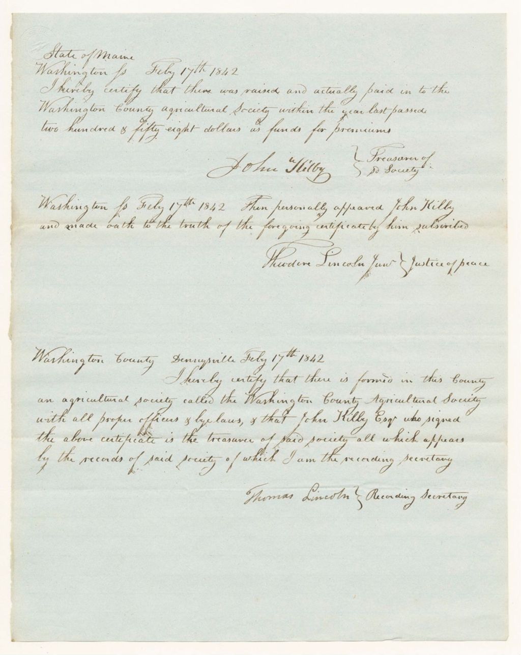 Miniature of Certificate of John Kilby, Treasurer of the Washington Agricultural Society