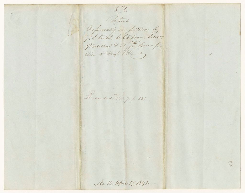 Miniature of Report 576: Report Unfavorably on Petitions of J.S. Keith, C. Chipman, Selectmen of Waldoboro, and T. Jackson for Aid to Deaf & Dumb