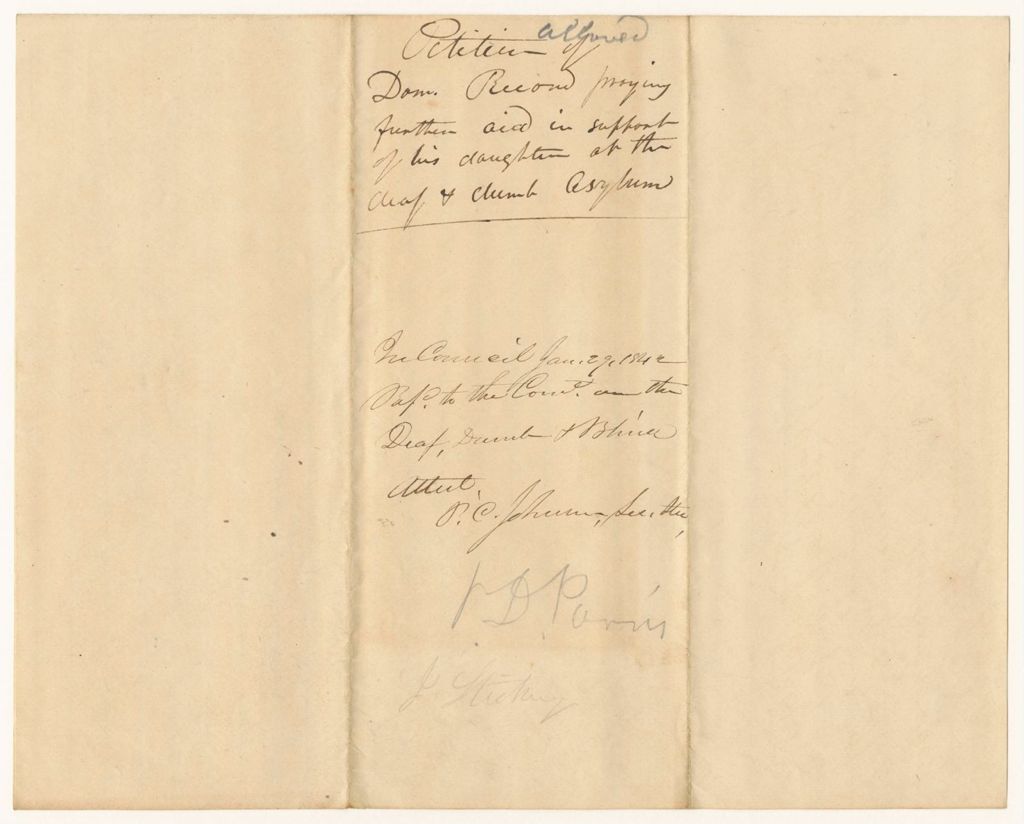 Miniature of Petition of Dominicus Record praying for further aid in support of his daughter at the Hartford Asylum