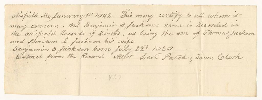 Miniature of Birth Certificate of Benjamin B. Brown