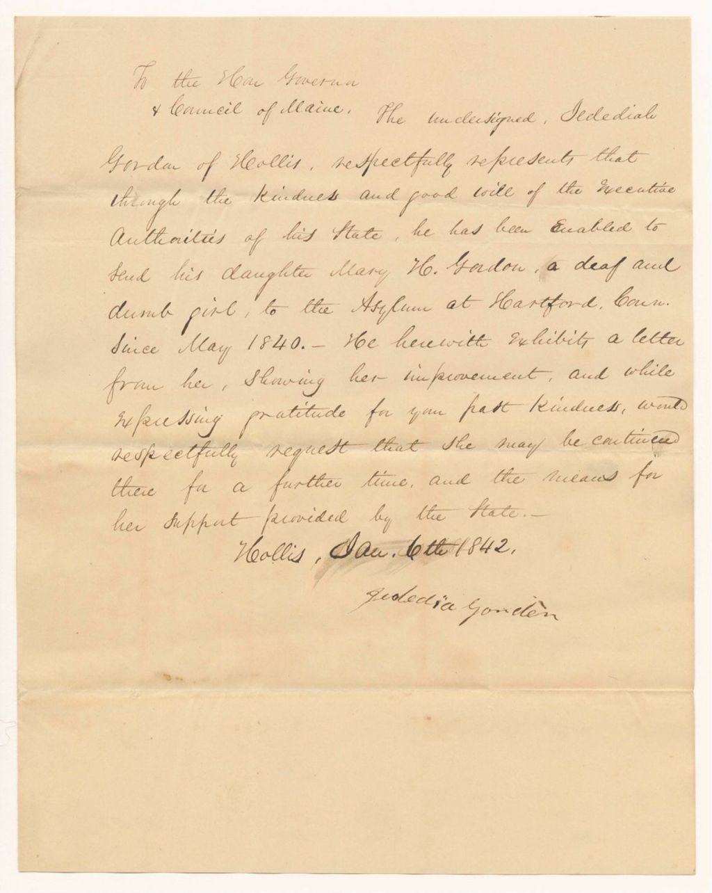 Miniature of Petition of Jedediah Gordon for his daughter, Mary H. Gordon, to continue at the American Asylum at Hartford