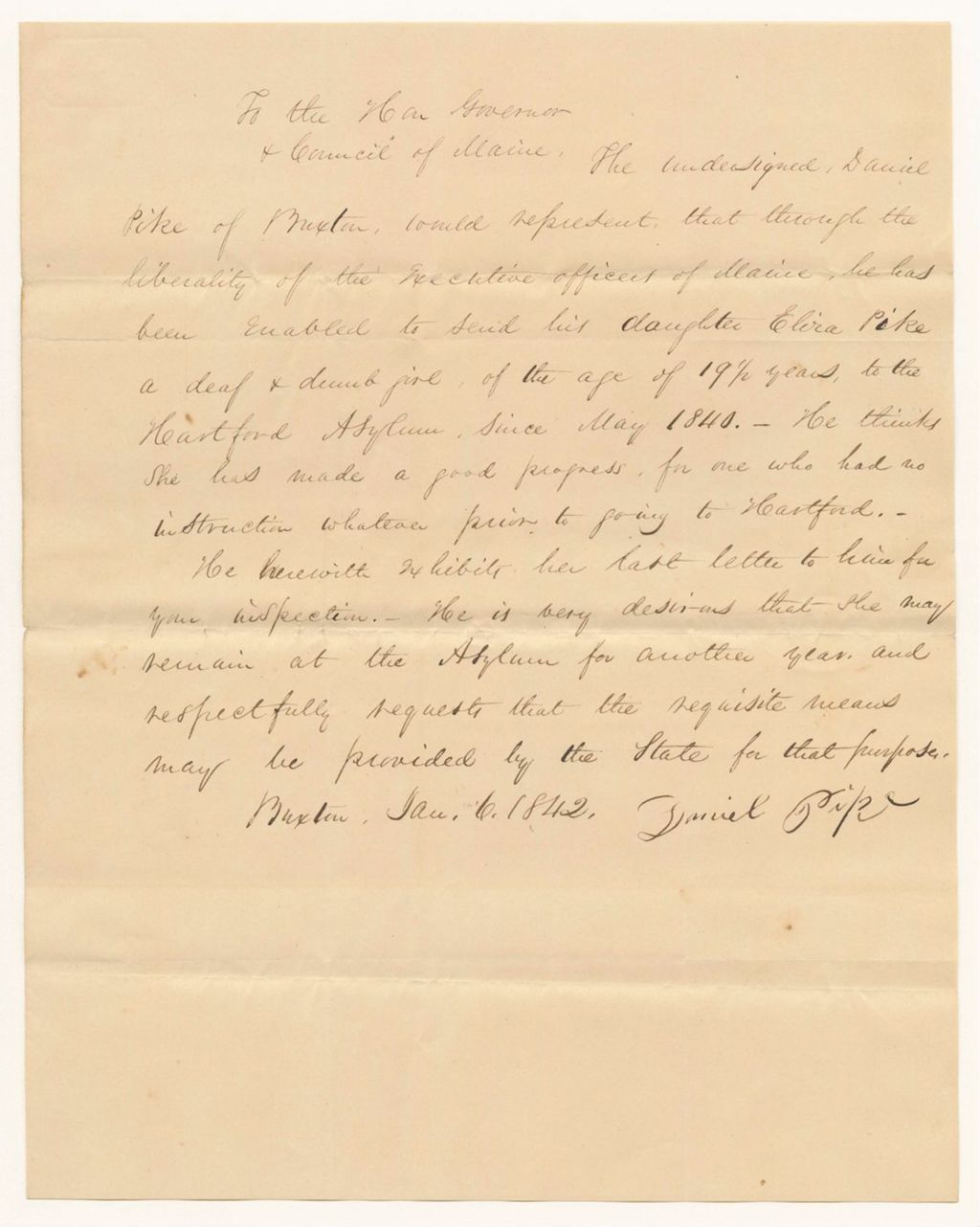 Miniature of Petition of Daniel Pike for his daughter, Eliza Pike, to continue at the American Asylum at Hartford
