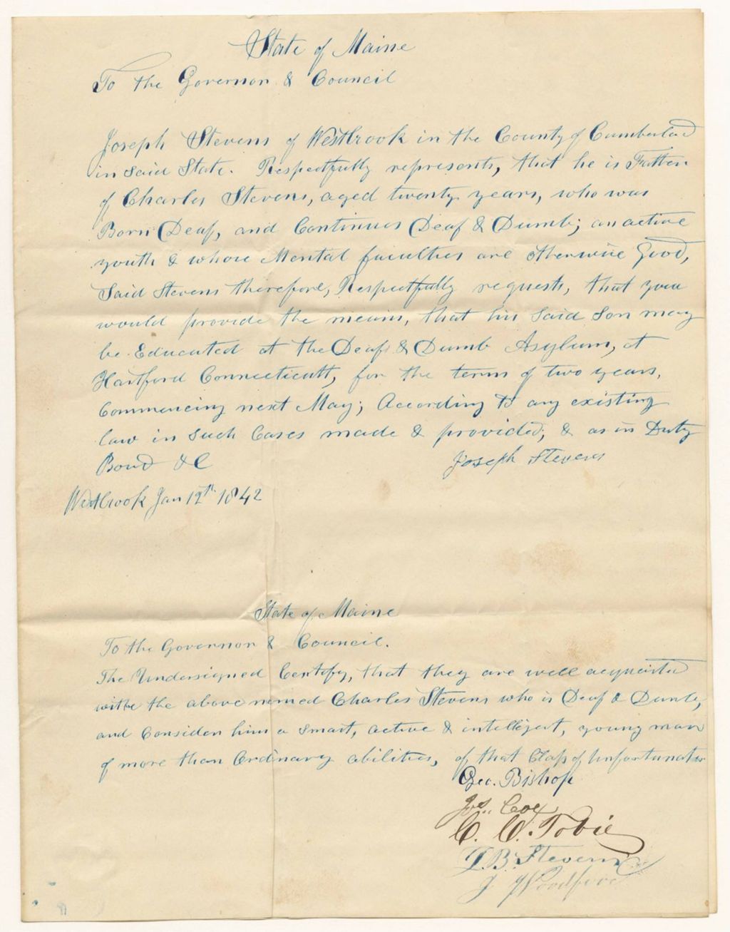 Miniature of Petition of Joseph Stevens for his son, Charles Stevens, to continue at the American Asylum at Hartford