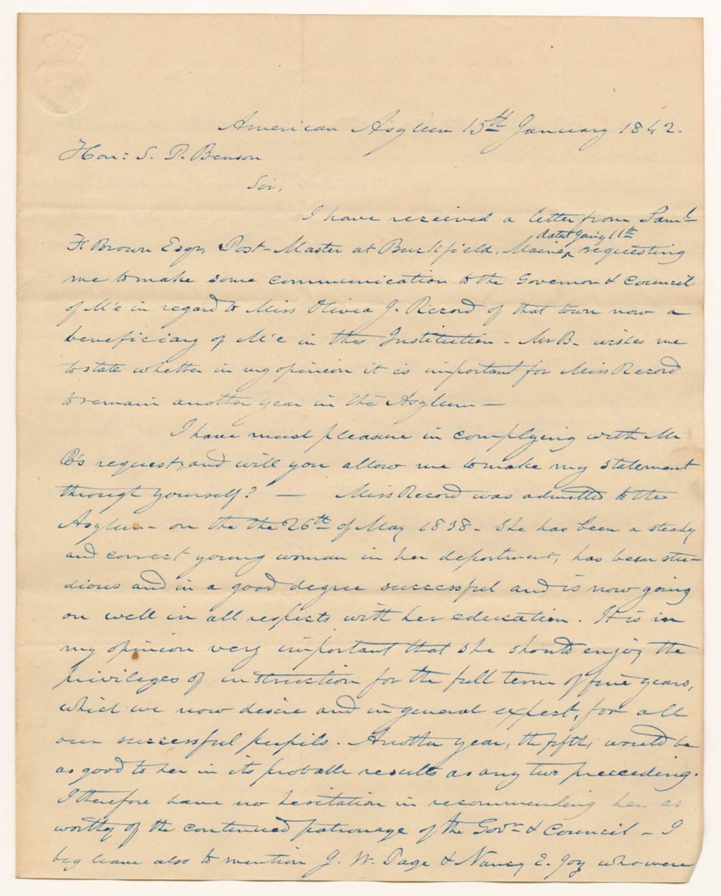 Miniature of Letter from Lewis Weld, Principal at the Hartford Asylum, in favor of the admission of Olivia J. Record