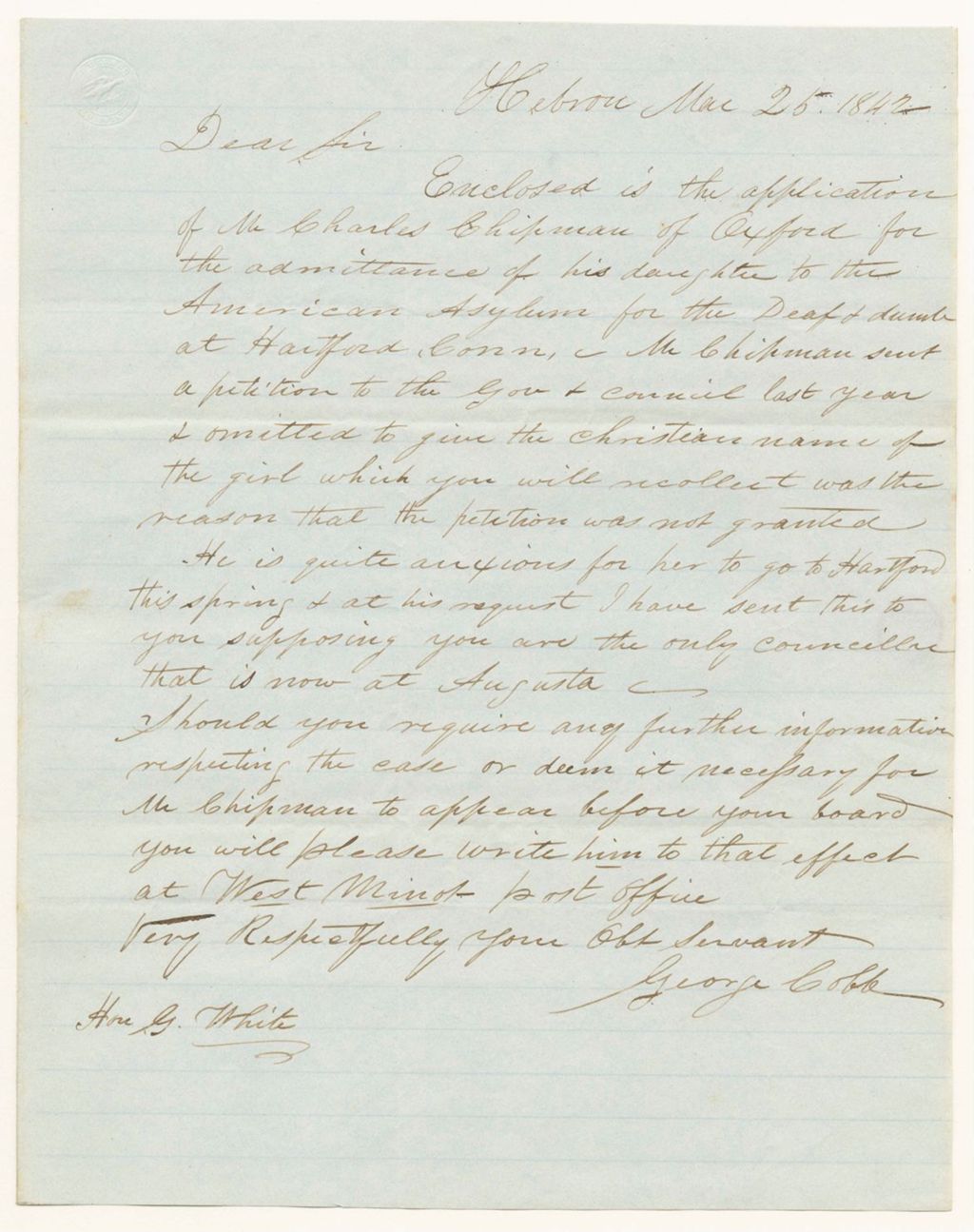 Miniature of Communication from George Cobb in favor of the petition of Charles Chipman for his daughter to attend the American Asylum at Hartford