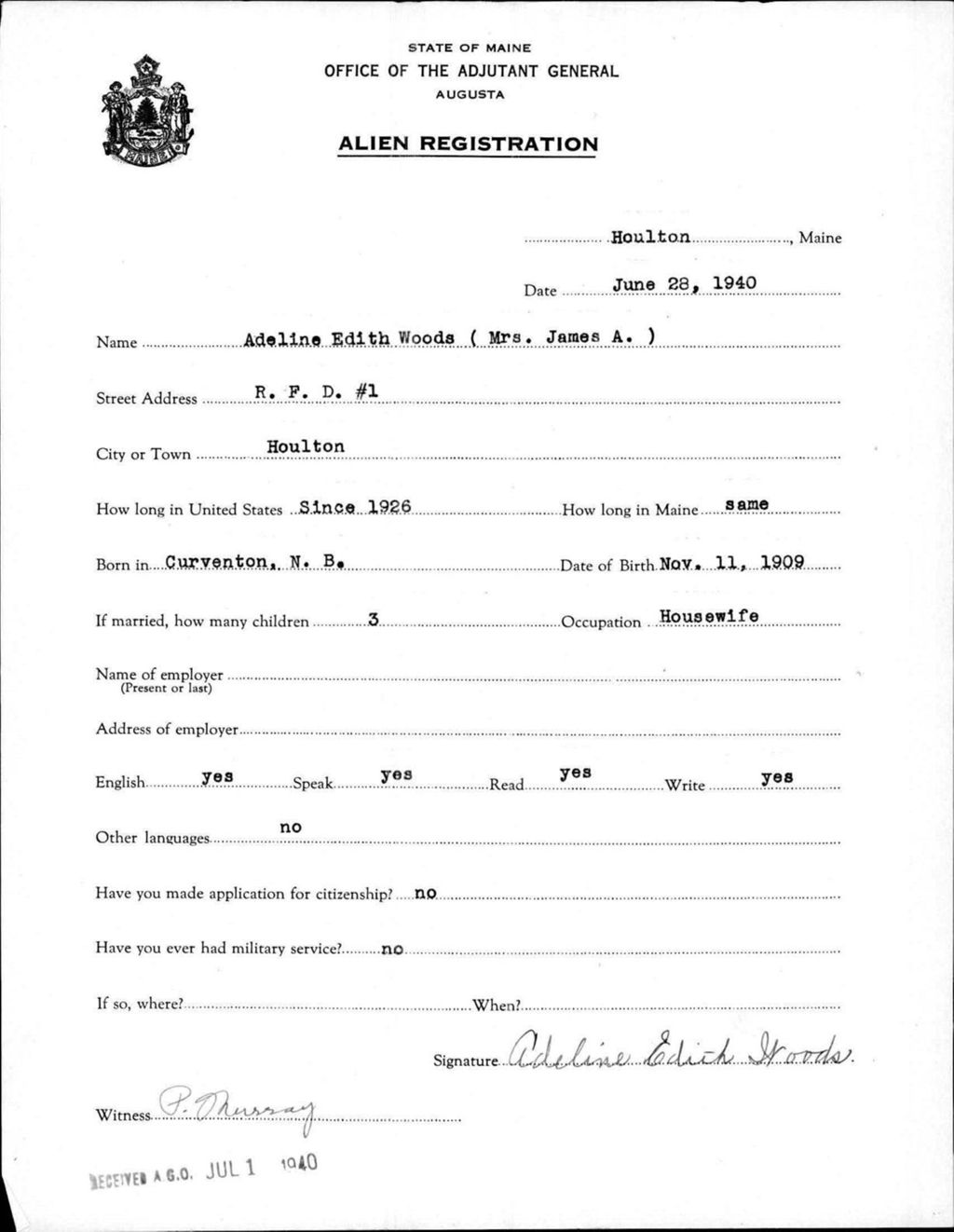 Miniature of Alien Registration- Woods, Adeline E. (Houlton, Aroostook County)
