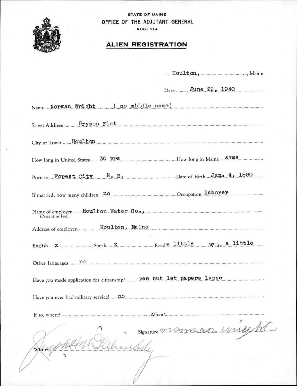 Miniature of Alien Registration- Wright, Norman (Houlton, Aroostook County)