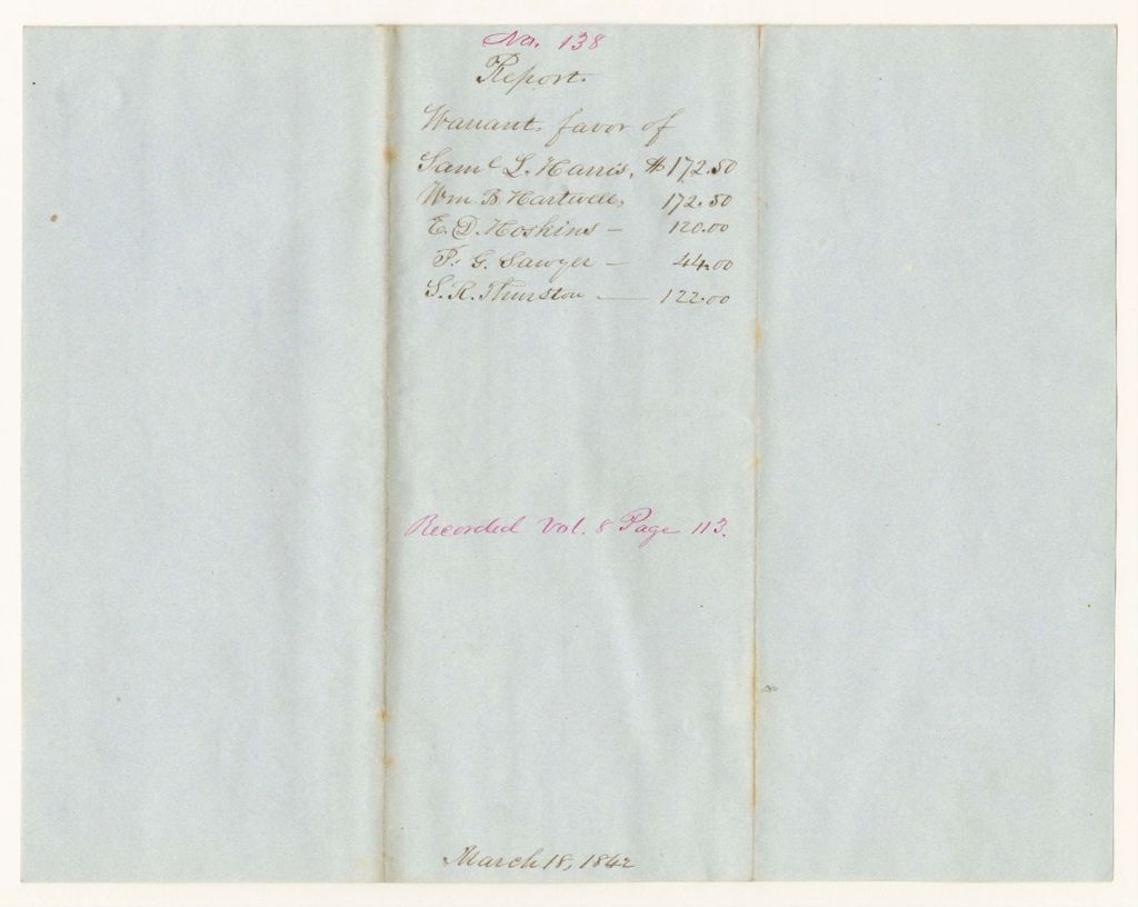 Miniature of Report 138: Report - Warrant in Favor of Samuel L. Harris, William B. Hartwell, E.D. Hoskins, J.G. Sawyer, S.R. Thurston