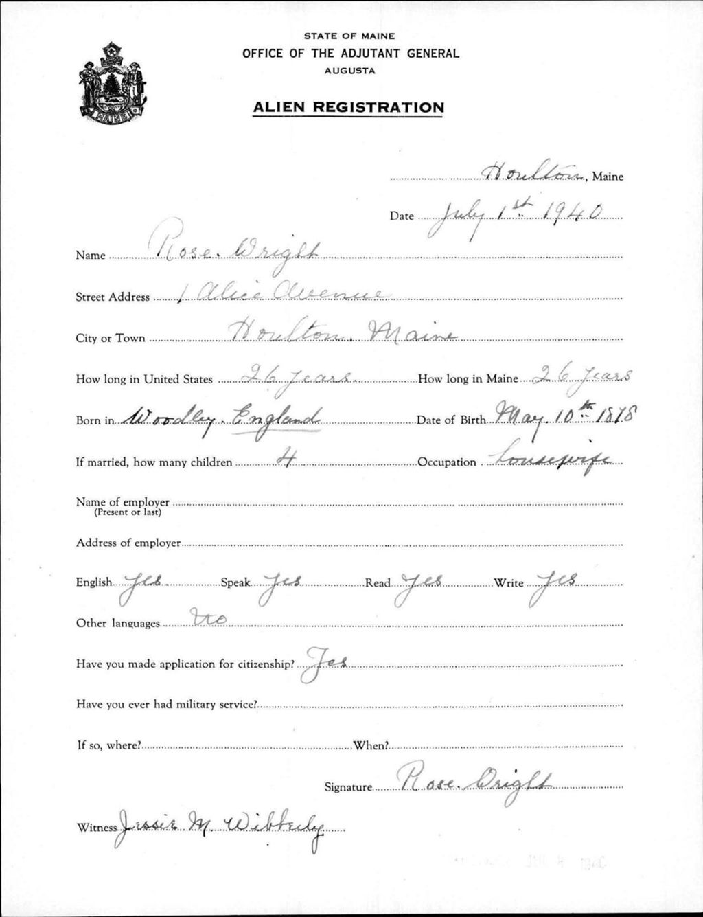 Miniature of Alien Registration- Wright, Rose (Houlton, Aroostook County)