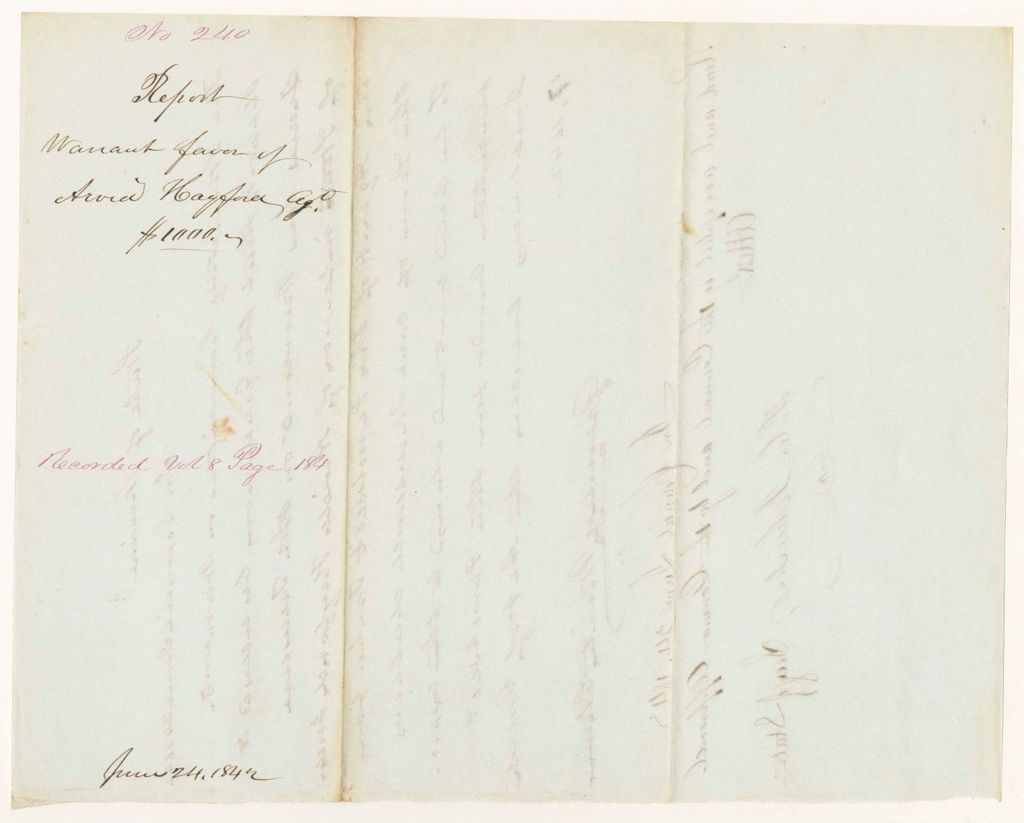 Miniature of Report 240: Report - Warrant in Favor of Arvida Hayford, Agent