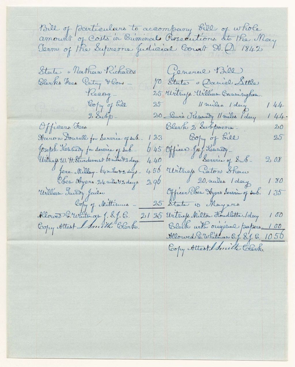 Miniature of Bill of particulars to accompany bill of whole amount of costs in Criminal Prosecutions at the Supreme Judicial Court in Lincoln County, May Term 1842