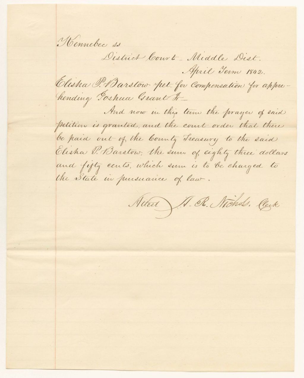 Miniature of Order in favor of Elisha P. Barstow, petition for compensation for apprehending Joshua Grant, Jr.