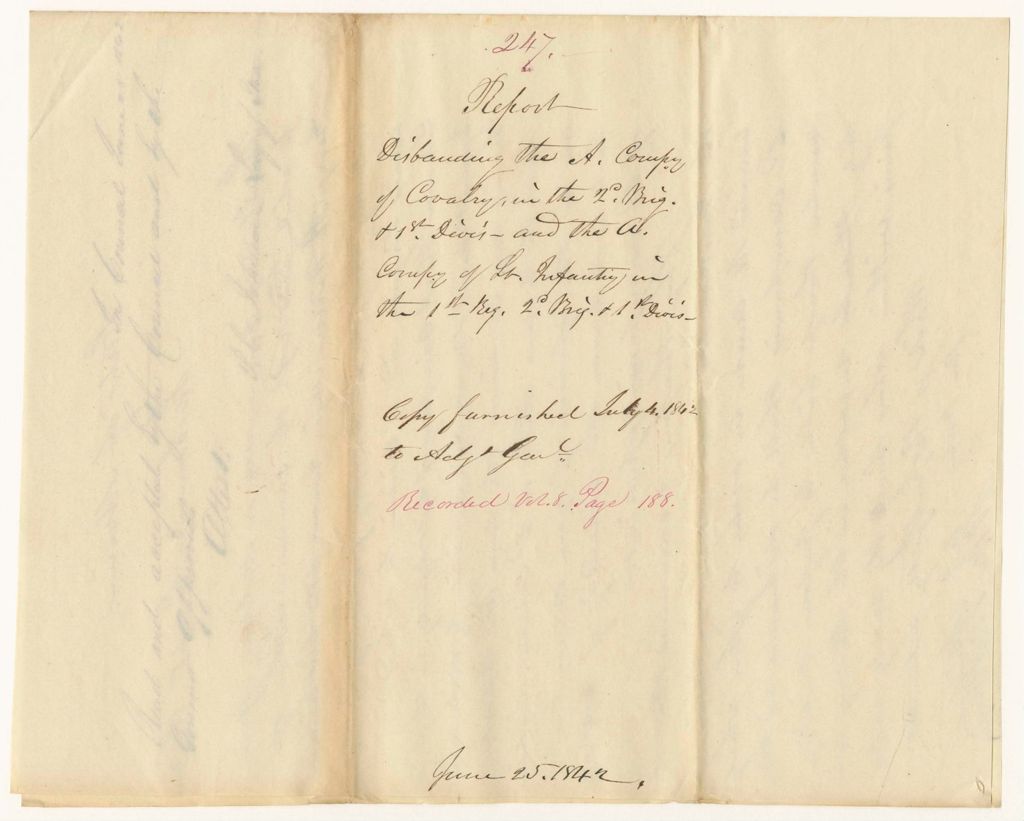 Miniature of Report 247: Report - Disbanding the "A" Company of Cavalry in the 2nd Brigade, 1st Division, and the "A" Company of Light Infantry in the 1st Regiment, 2nd Brigade, 1st Division