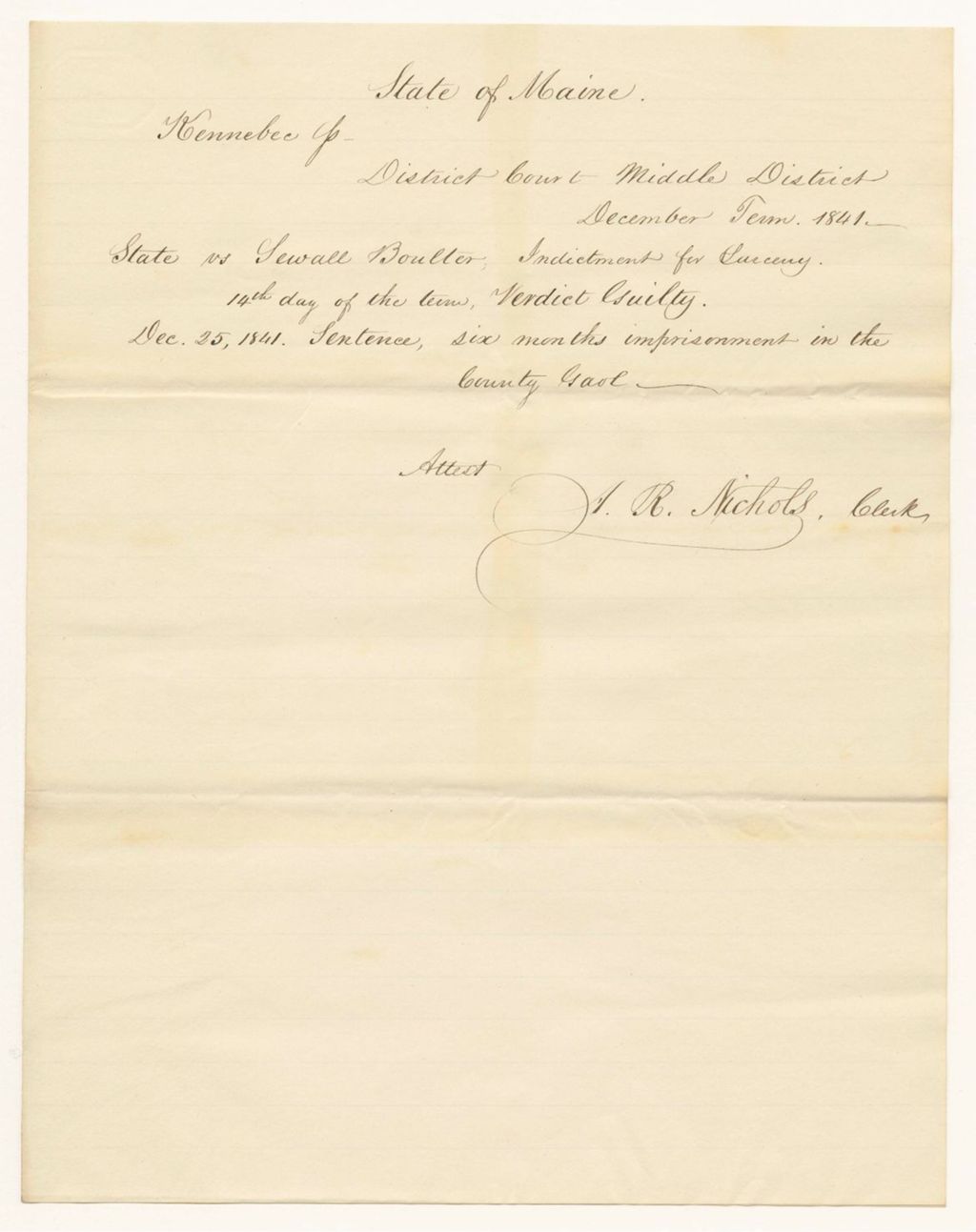 Miniature of State v. Sewall Boulter, Indictment for Larceny
