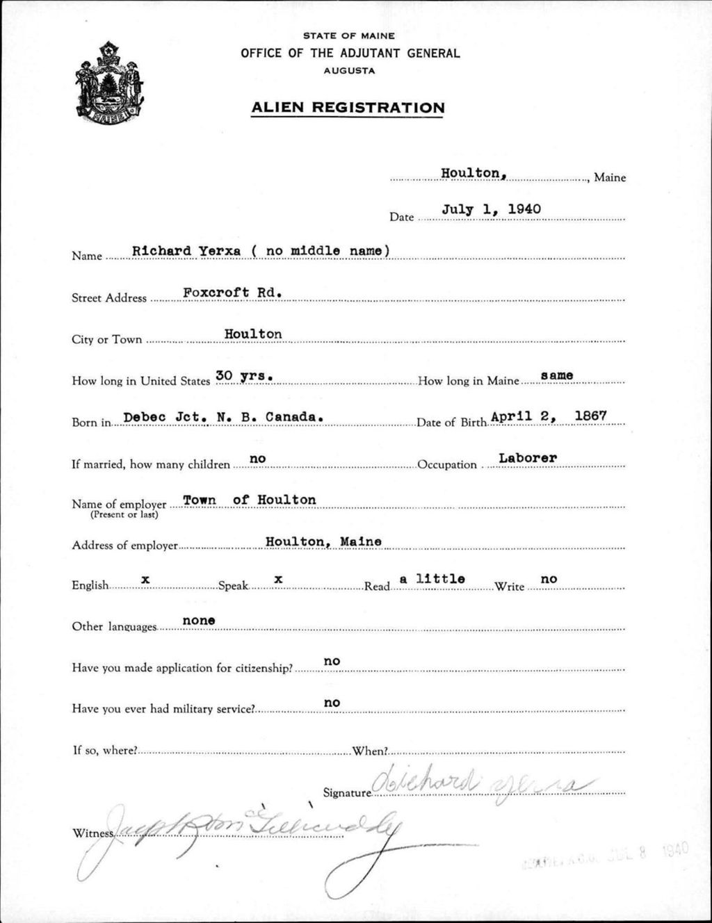 Miniature of Alien Registration- Yerxa, Richard (Houlton, Aroostook County)