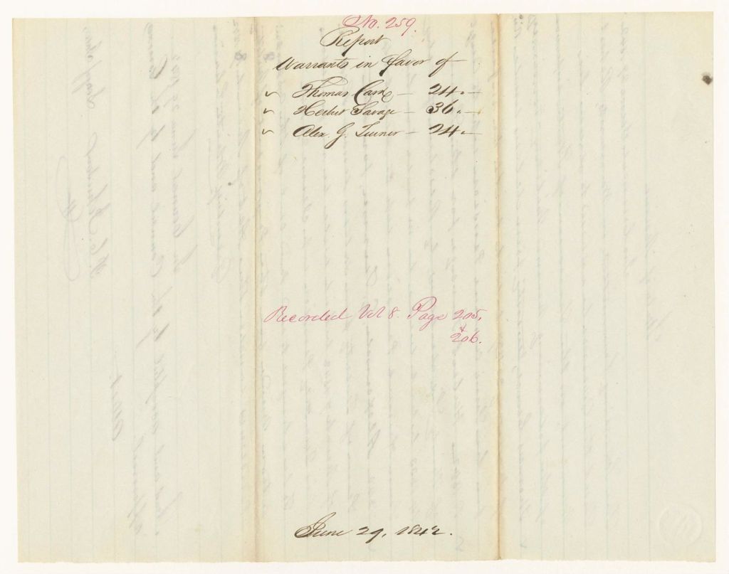 Miniature of Report 259: Report - Warrants in Favor of Thomas Card, Herbert Savage, Alexander G. Turner