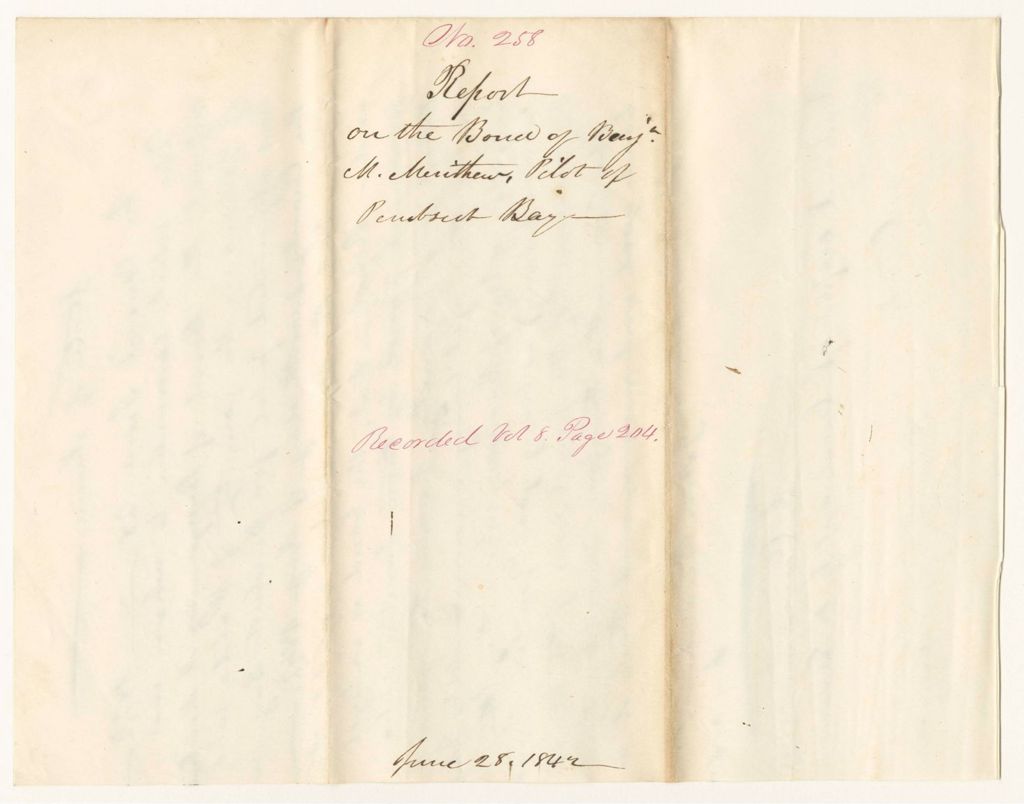 Miniature of Report 258: Report on the Bond of Benjamin M. Merithew, Pilot of the Penobscot Bay