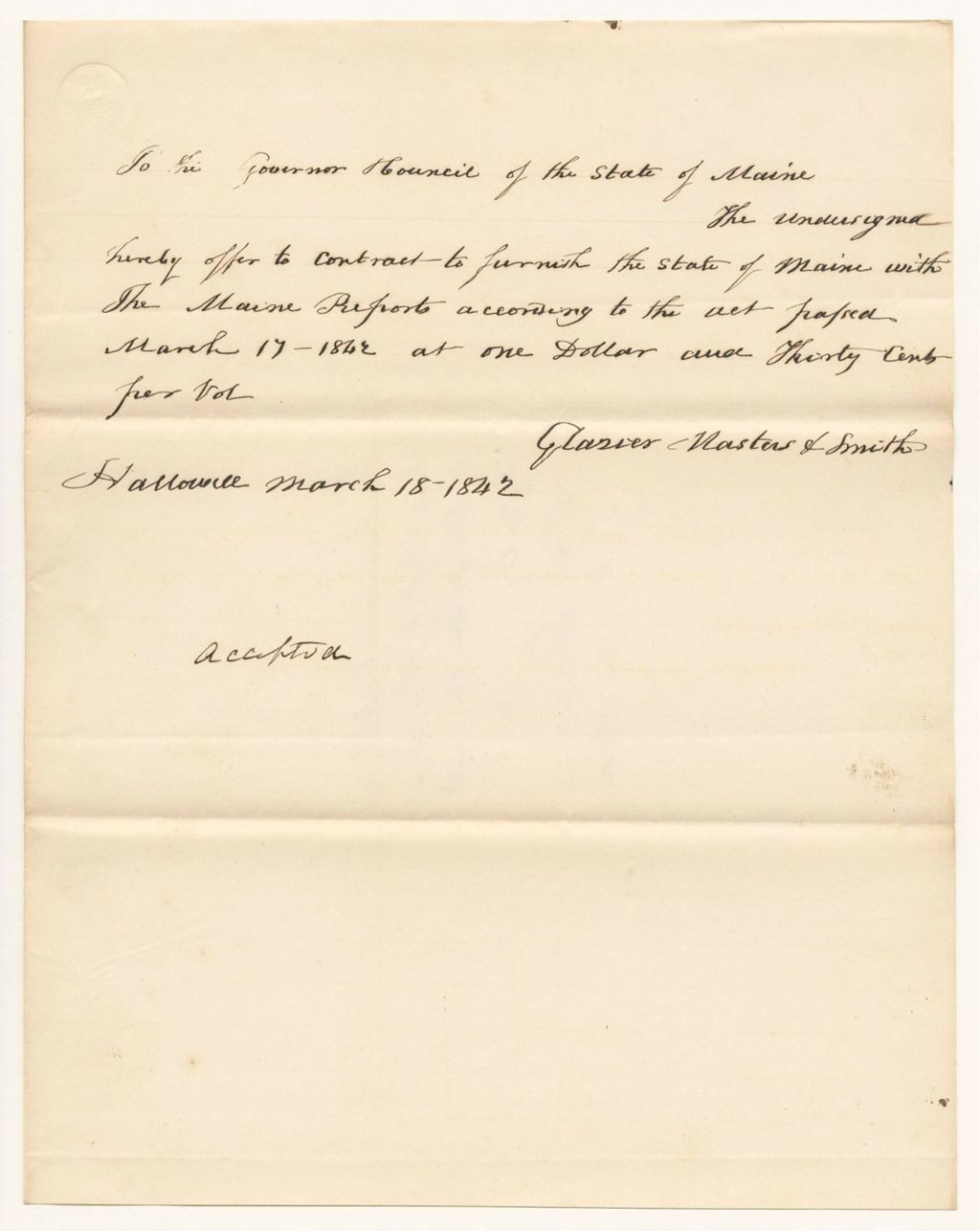 Miniature of Glazier, Masters, and Smith's offer to furnish the Maine Reports