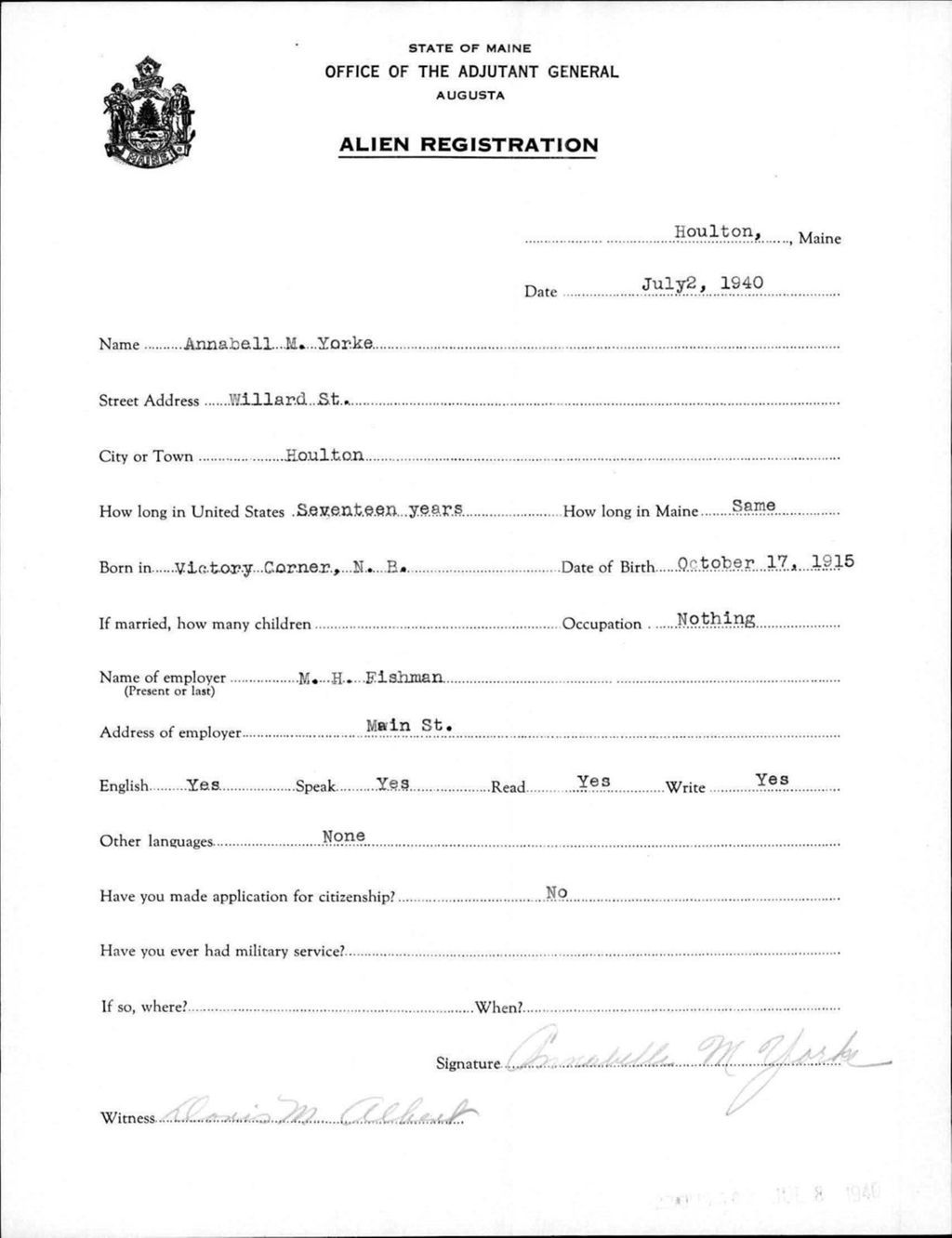 Miniature of Alien Registration- Yorke, Annabell M. (Houlton, Aroostook County)