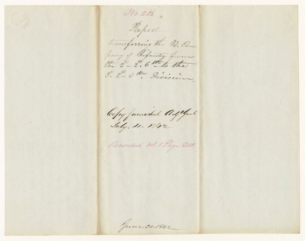 Miniature of Report 266: Report Transferring the "B" Company of Infantry from the 2nd Regiment, 2nd Brigade, 6th Division to the 3rd Regiment, 2nd Brigade, 6th Division