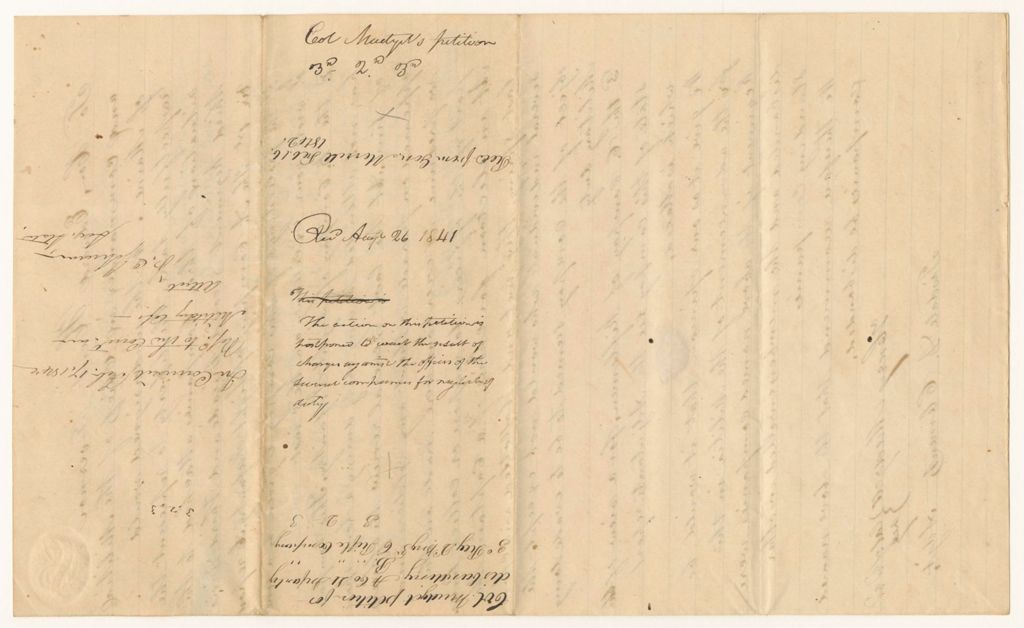 Miniature of Col. Mudgett's petition for disbanding the "A" and "B" Companies of Infantry and the "C" Company of Riflemen in the 3rd Regiment, 2nd Brigade, 3rd Division