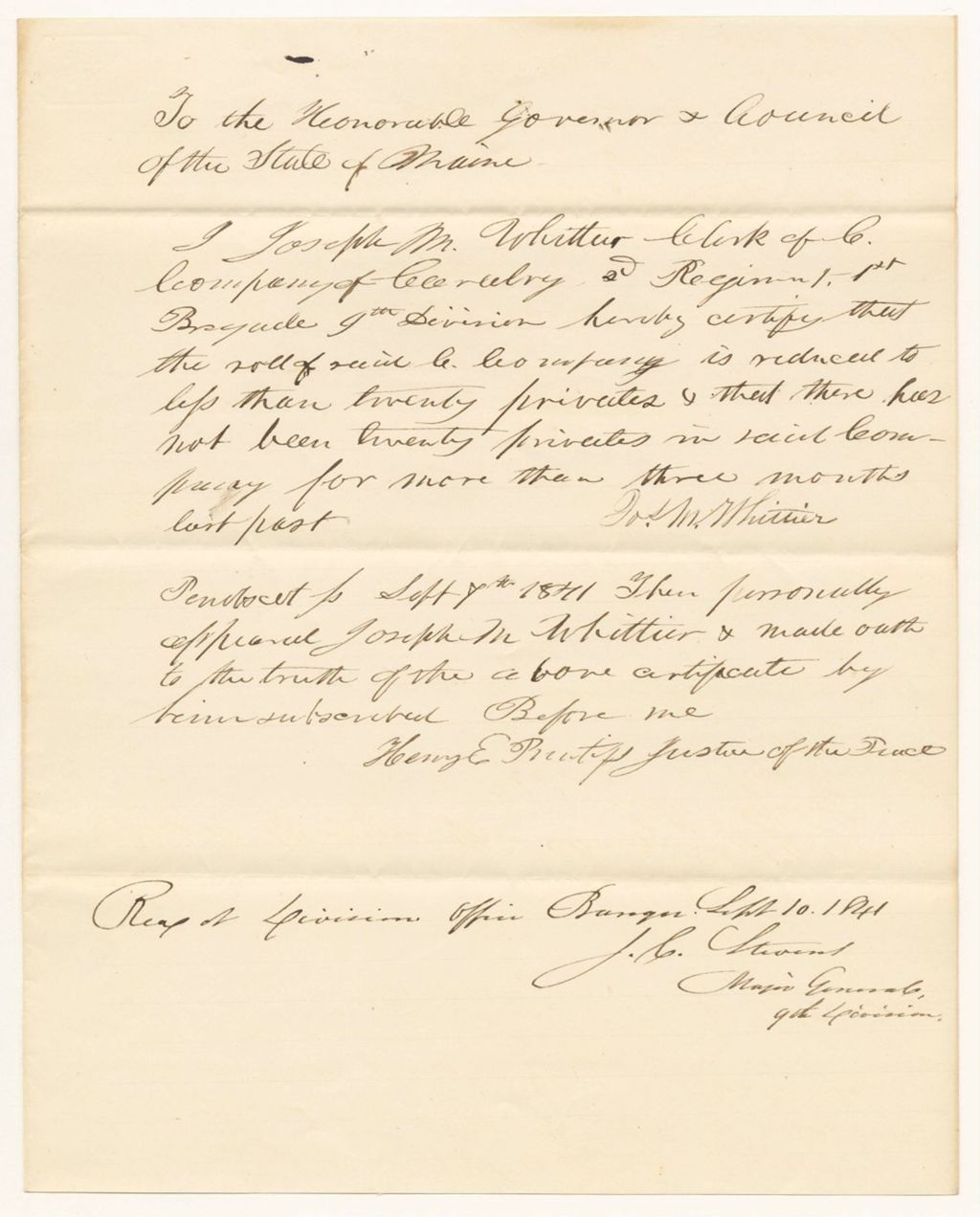 Miniature of Joseph M. Whittier's certificate of the roll of the C Company of Cavalry in the 2nd Regiment 1st Brigade 9th Division