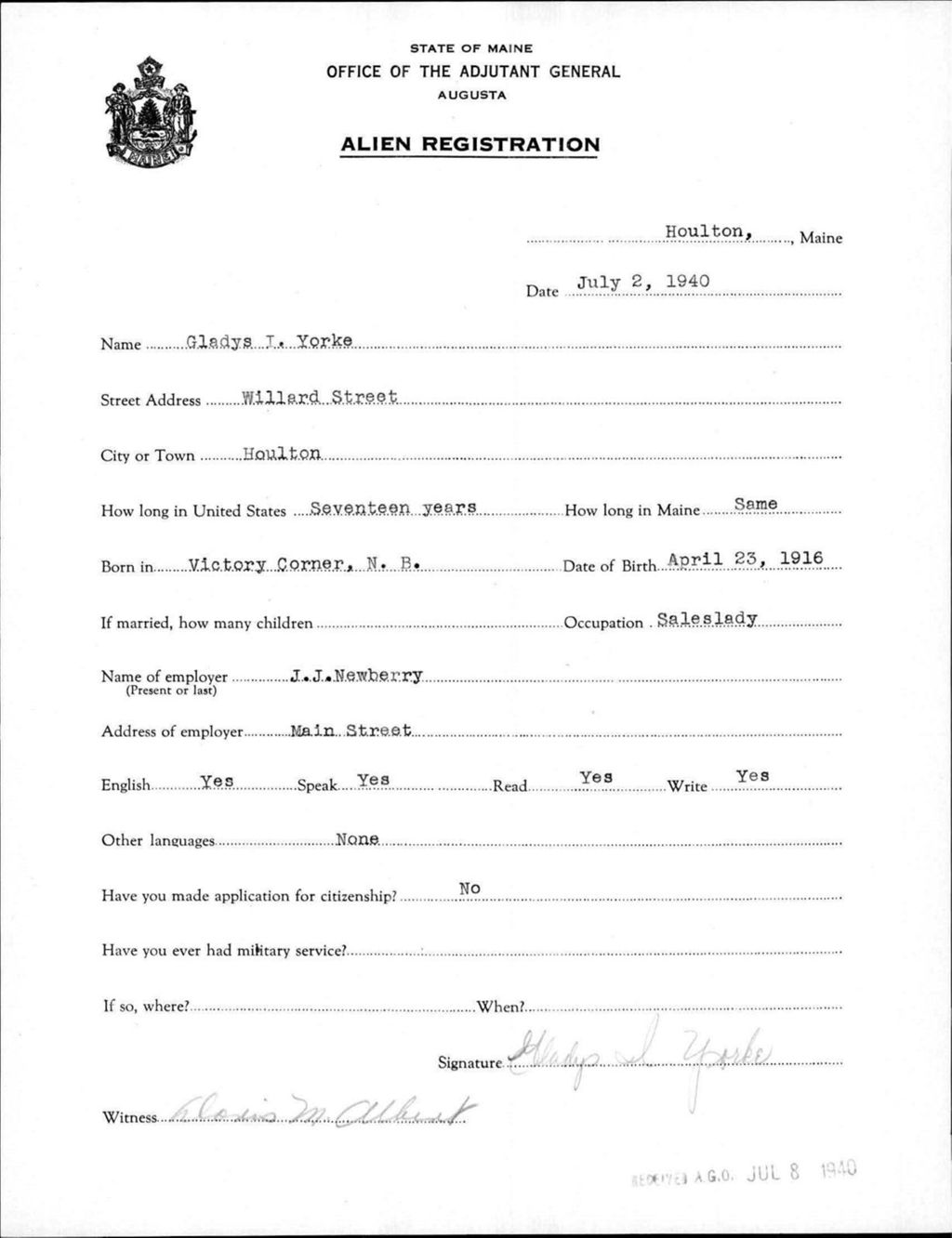 Miniature of Alien Registration- Yorke, Gladys I. (Houlton, Aroostook County)