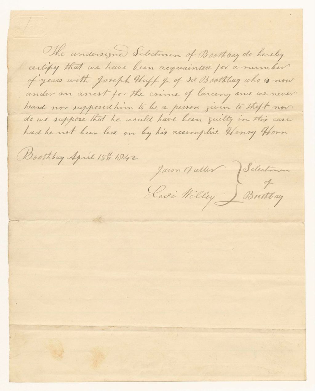 Miniature of Certificate of the Selectmen of Boothbay for the pardon of Joseph Huff Jr.
