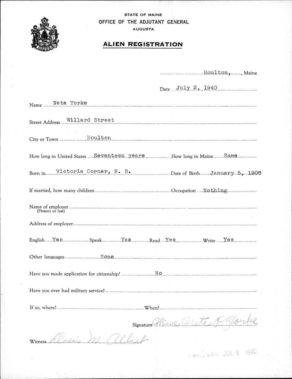 Miniature of Alien Registration- Yorke, Neta (Houlton, Aroostook County)