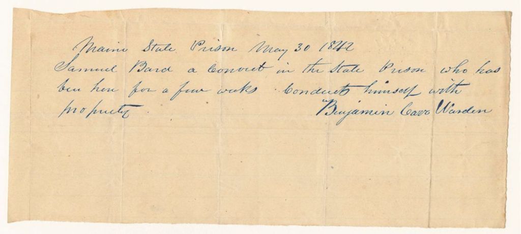 Miniature of Certificate of Benjamin Carr, Warden, on the conduct of Samuel Bard at the State Prison