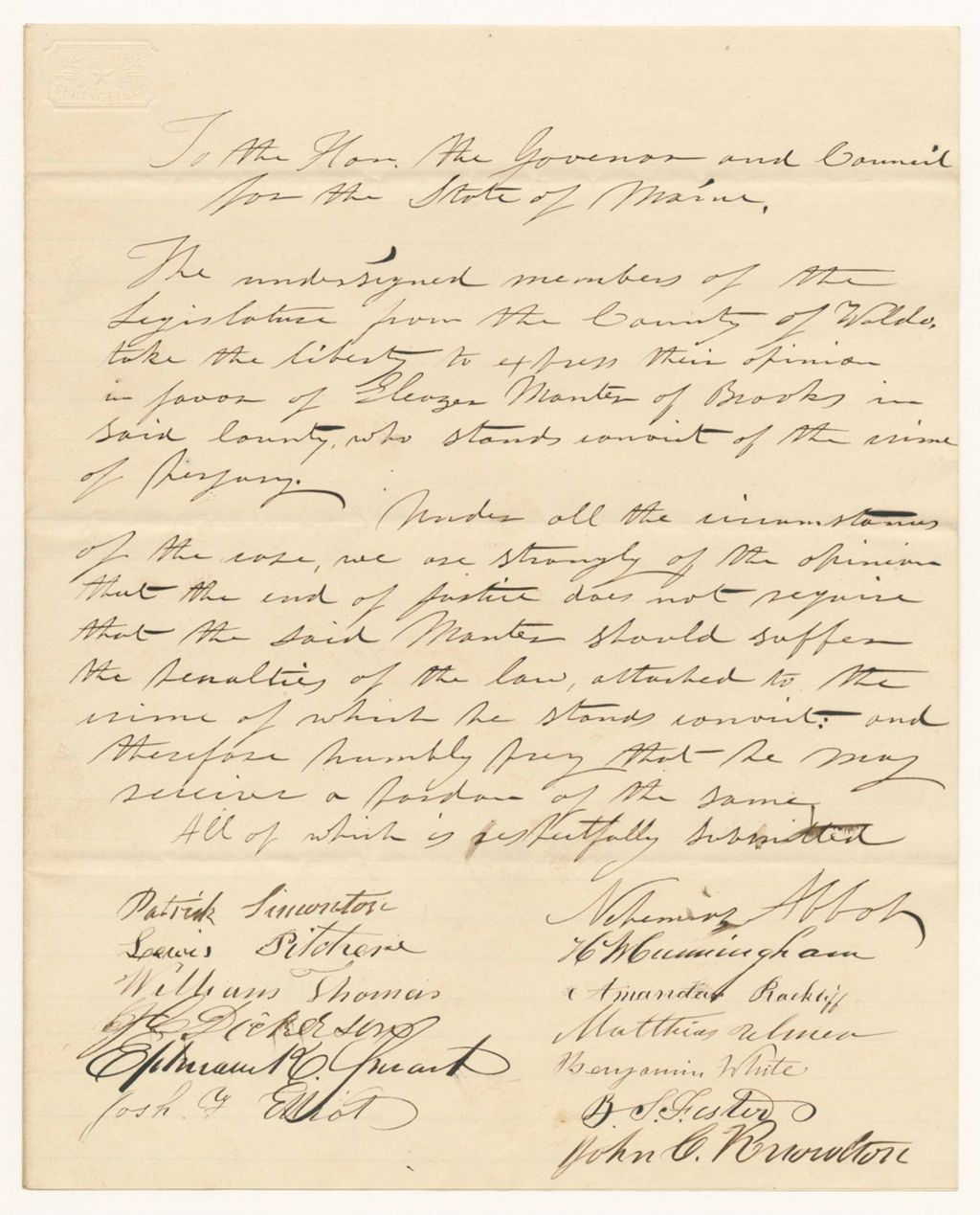 Miniature of Petition for the pardon of Eleazor Manter