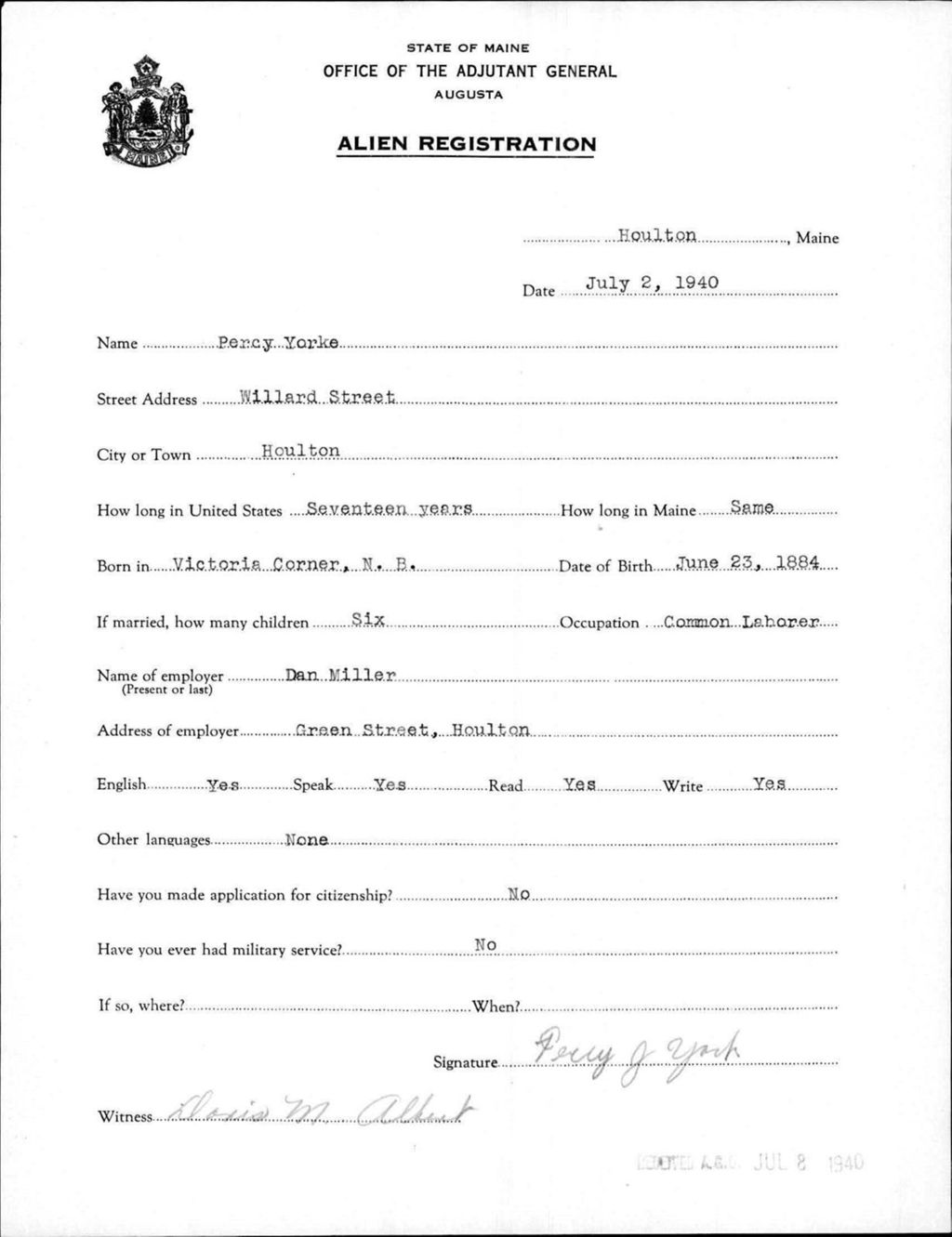 Miniature of Alien Registration- Yorke, Percy (Houlton, Aroostook County)