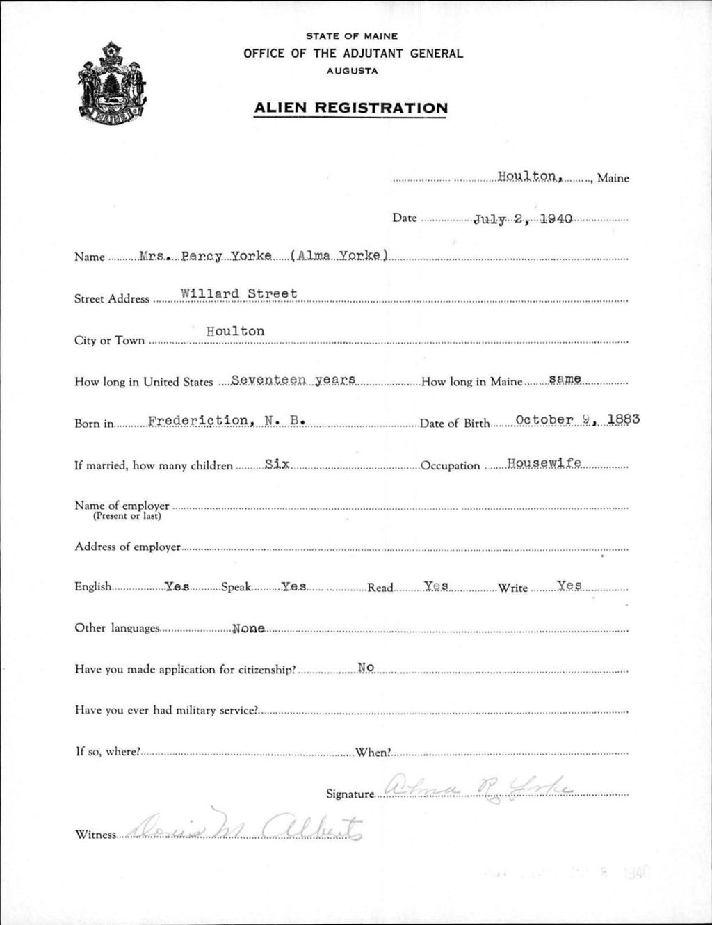 Miniature of Alien Registration- Yorke, Alma (Houlton, Aroostook County)