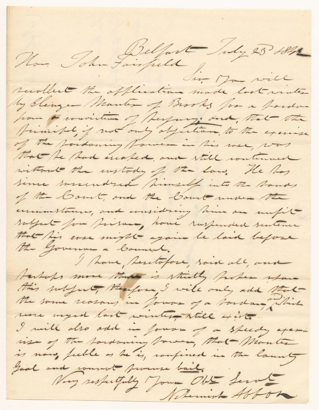 Miniature of Letter from Nehemiah Abbot in favor of the pardon of Eleazor Manter