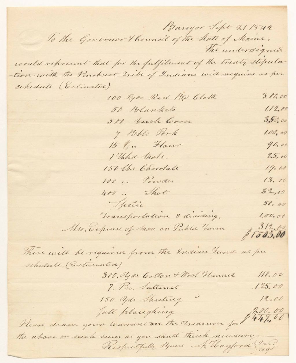 Miniature of A. Hayford's Estimates of Cloths and Food Required for the Penobscot Tribe