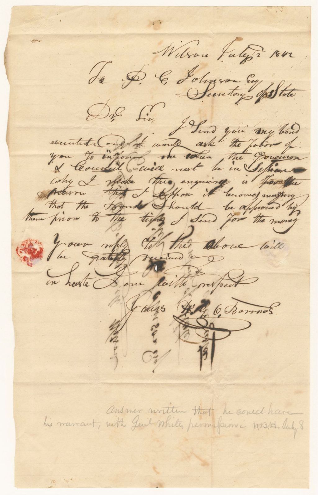 Miniature of Letter from H.G.O. Barrows, requesting information about his bond for repairing and finishing the State Road in Piscataquis County