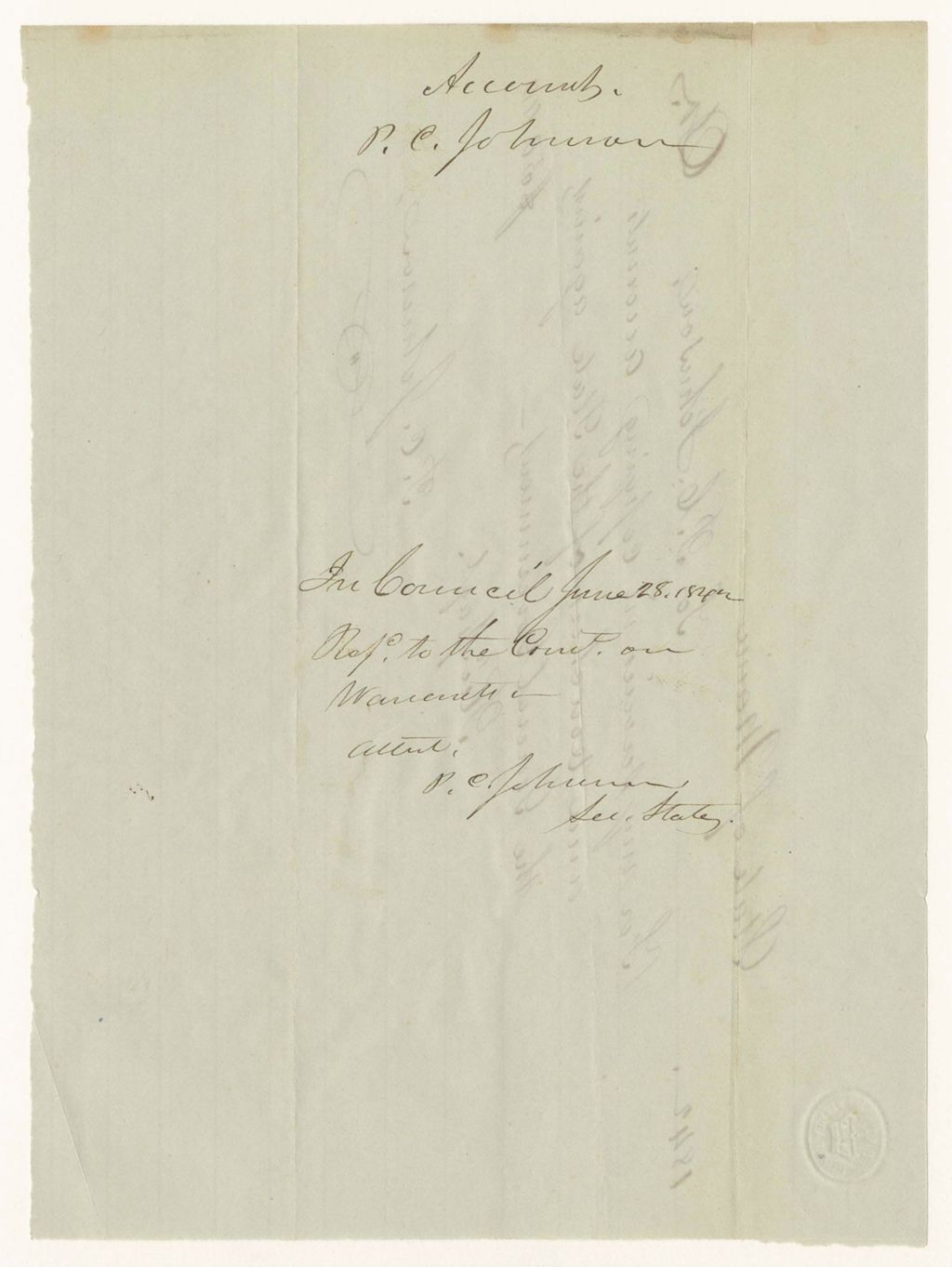 Miniature of Account of P.C. Johnson for services in copying accounts and vouchers of the State against the General Government