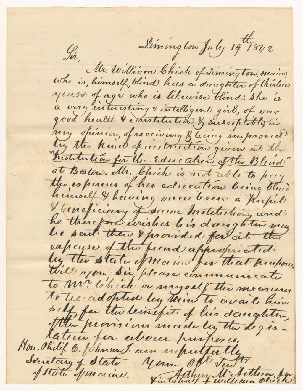 Miniature of Petition of Arthur McArthur in behalf of William Chick for his daughter to attend the Insitute for the Education of the Blind in Boston