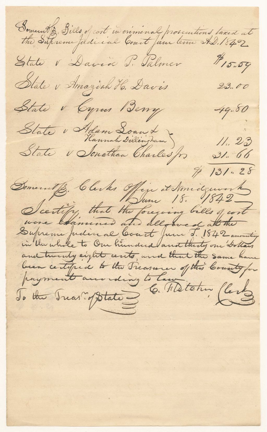 Miniature of Bills of Cost in Criminal Prosecutions at the Supreme Judicial Court in Somerset County, June Term 1842