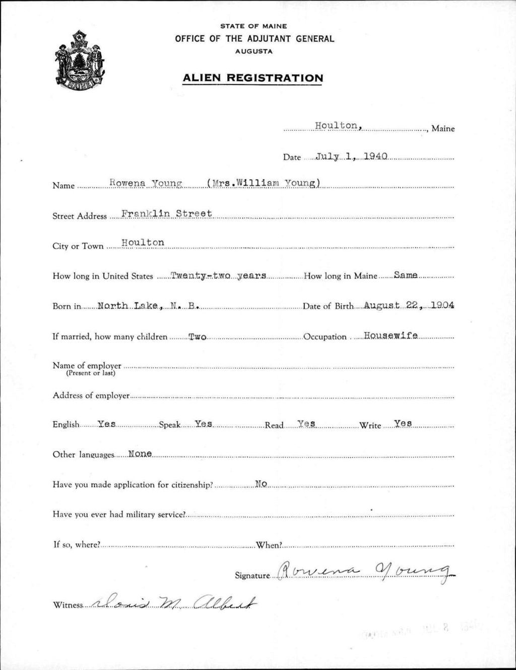 Miniature of Alien Registration- Young, Rowena (Houlton, Aroostook County)