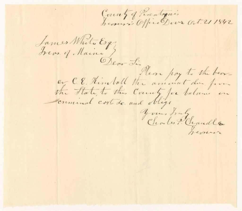 Miniature of Letter from Charles P. Chandler to James White relating to payment for criminal costs