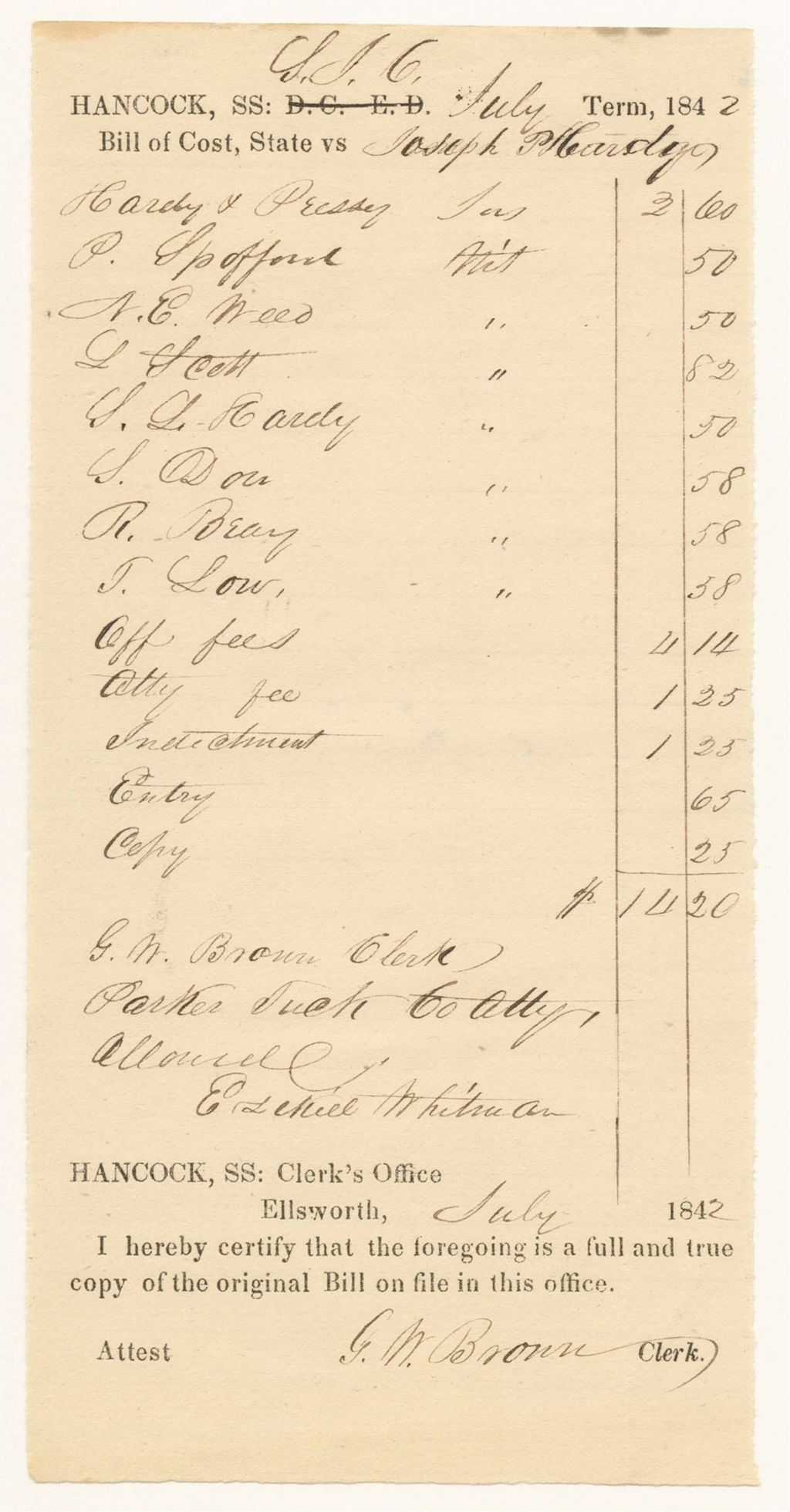 Miniature of Bills of Cost at the Supreme Judicial Court in Hancock County, July Term 1842