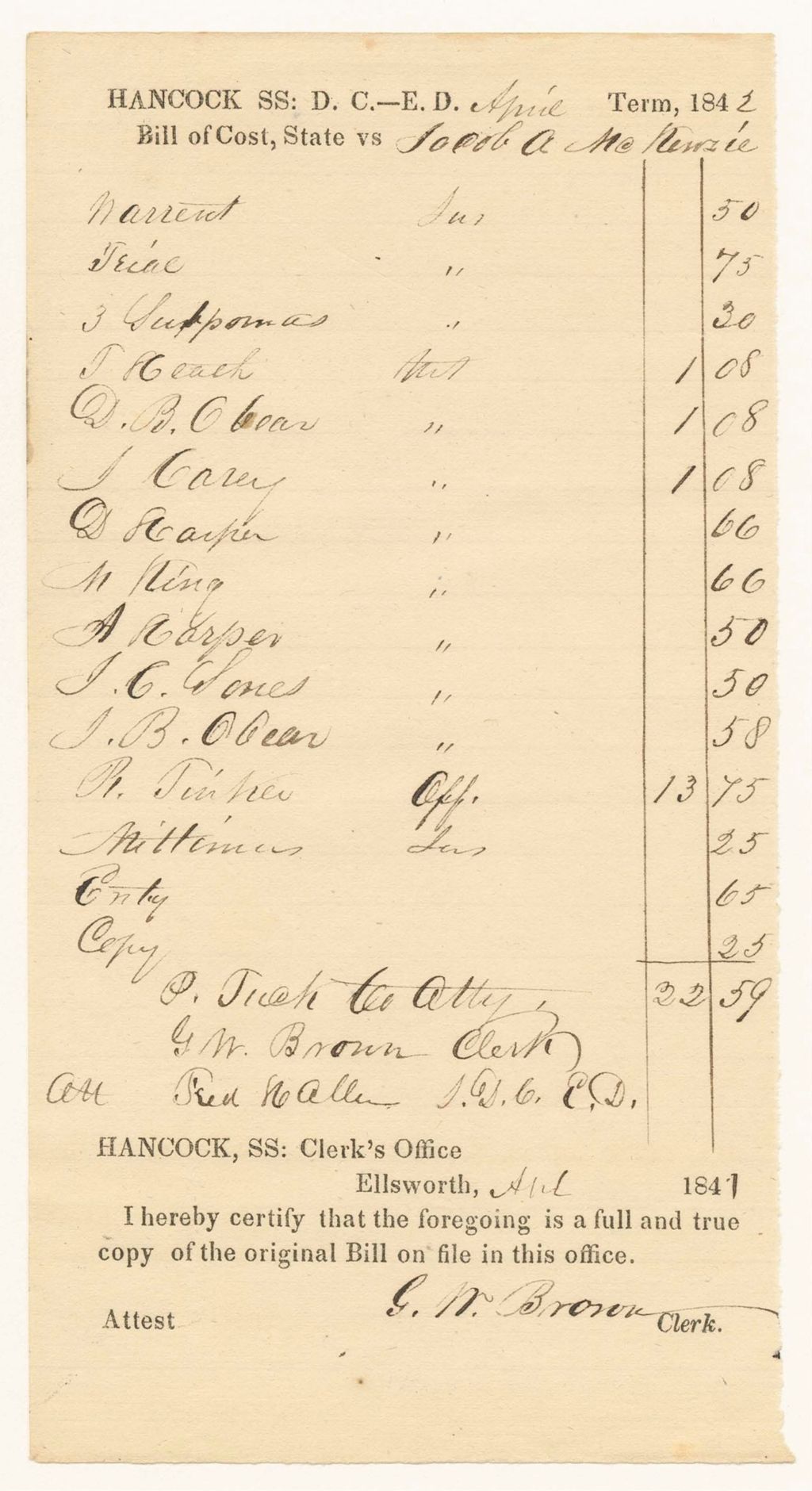 Miniature of Bills of Cost at the District Court for the Eastern District in Hancock County, April Term 1842