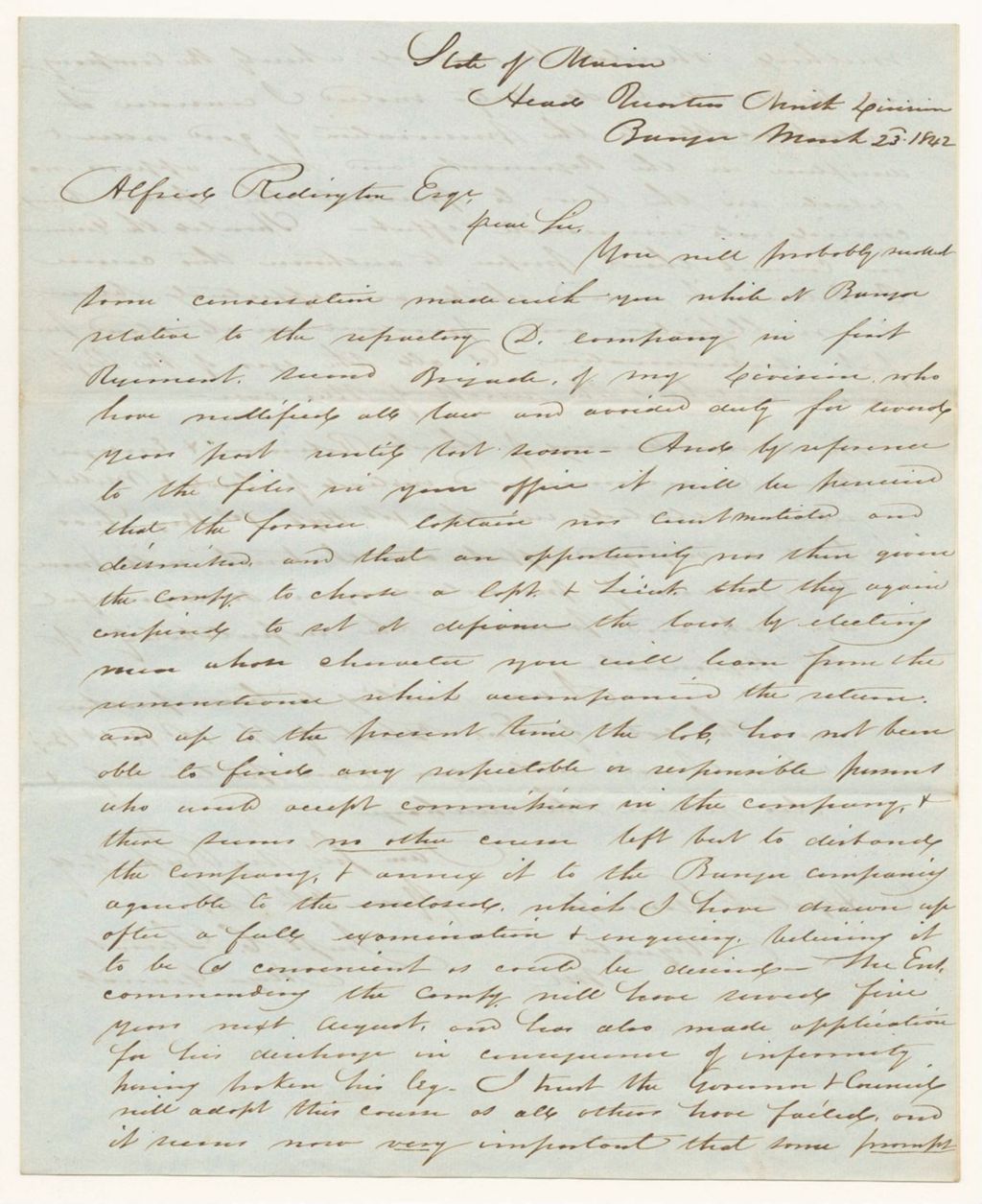 Miniature of Communication from Maj. Gen. Joseph C. Stevens in favor of disbanding the D Company of Infantry in the 1st Regiment 2nd Brigade 9th Division