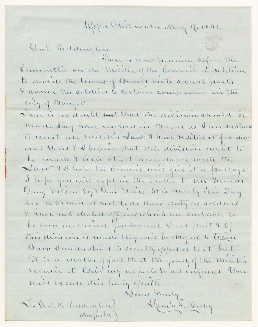 Miniature of Communication from Samuel F. Hersey, in favor of the petition to divide the Militia of Brewer
