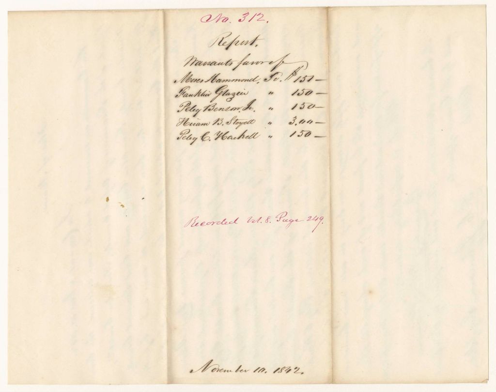 Miniature of Report 312: Report - Warrants in Favor of Moses Hammond, Franklin Glazier, Peleg Benson Jr., Hiram B. Stoyell, Peleg C. Haskell