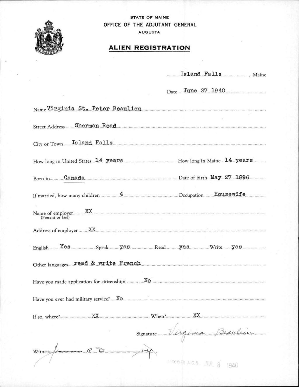 Miniature of Alien Registration- St Peter, Virginia (Island Falls, Aroostook County)