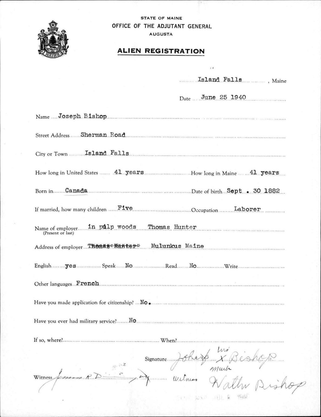 Miniature of Alien Registration- Bishop, Joseph (Island Falls, Aroostook County)